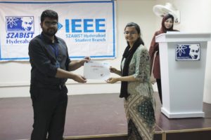 Winner at IEEE SZABIST Hyderabad Student Branch Innofest 17 being awarded their certifcate