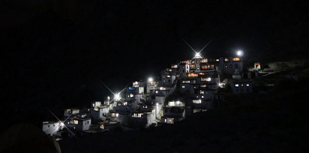 Small village lit at night