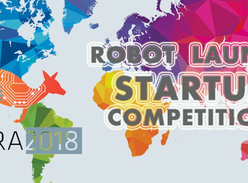 ICRA 2018 Robot Launch Startup Competition. Logos in front of map of the world.